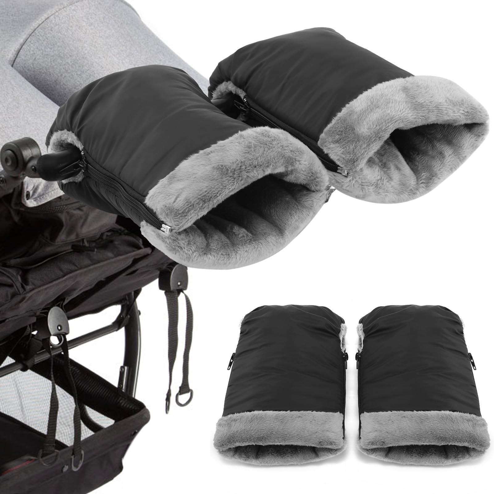 Pram Hand Muff, Stroller Fleece Hand Muff, Winter Baby Stroller Gloves, Waterproof and Windproof Anti-Freeze Fleece Lined, Extra-Long Gloves for Pram, Buggy, Bike and Trailer - Zip