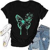 Qskall Womens Butterfly Shirts Watercolor Butterflies T-Shirt Casual Crew Neck Tee Tops