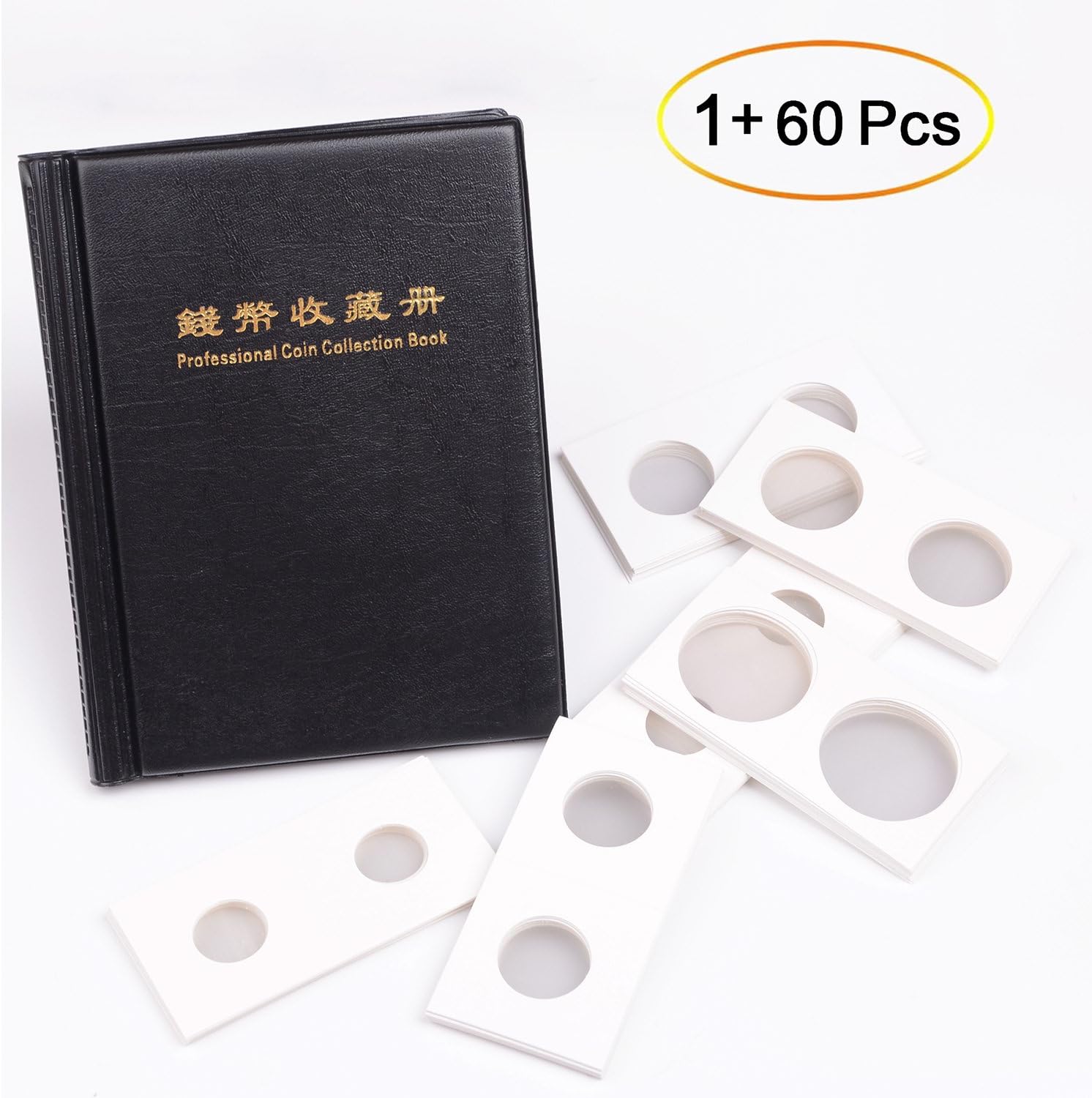 Qibote 60 Pockets Coin Holder Collection Coin Storage Album Book and 6 Size 60 Pieces Cardboard Coin Holder for Collectors, Money Penny Collections