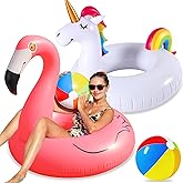 FindUWill 2 Pack Pool Floats with 2Pcs Beach Balls, 46'' Flamingo Pool Float 57'' Large Unicorn Pool Floaties for Adult, Heavy Duty Inflatable Swimming Rings Pool Accessories for Pool Water Party