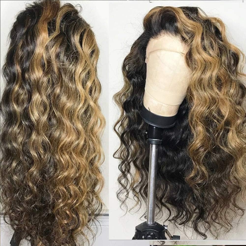 #1b with Honey Blonde Highlights 10A Loose Wave Human Hair 13x4 Lace Front Wigs 150% Density Glueless Bleached Knots Full Lace Wigs Pre plucked by Wig Leader (18 inch, Full Lace Wig)