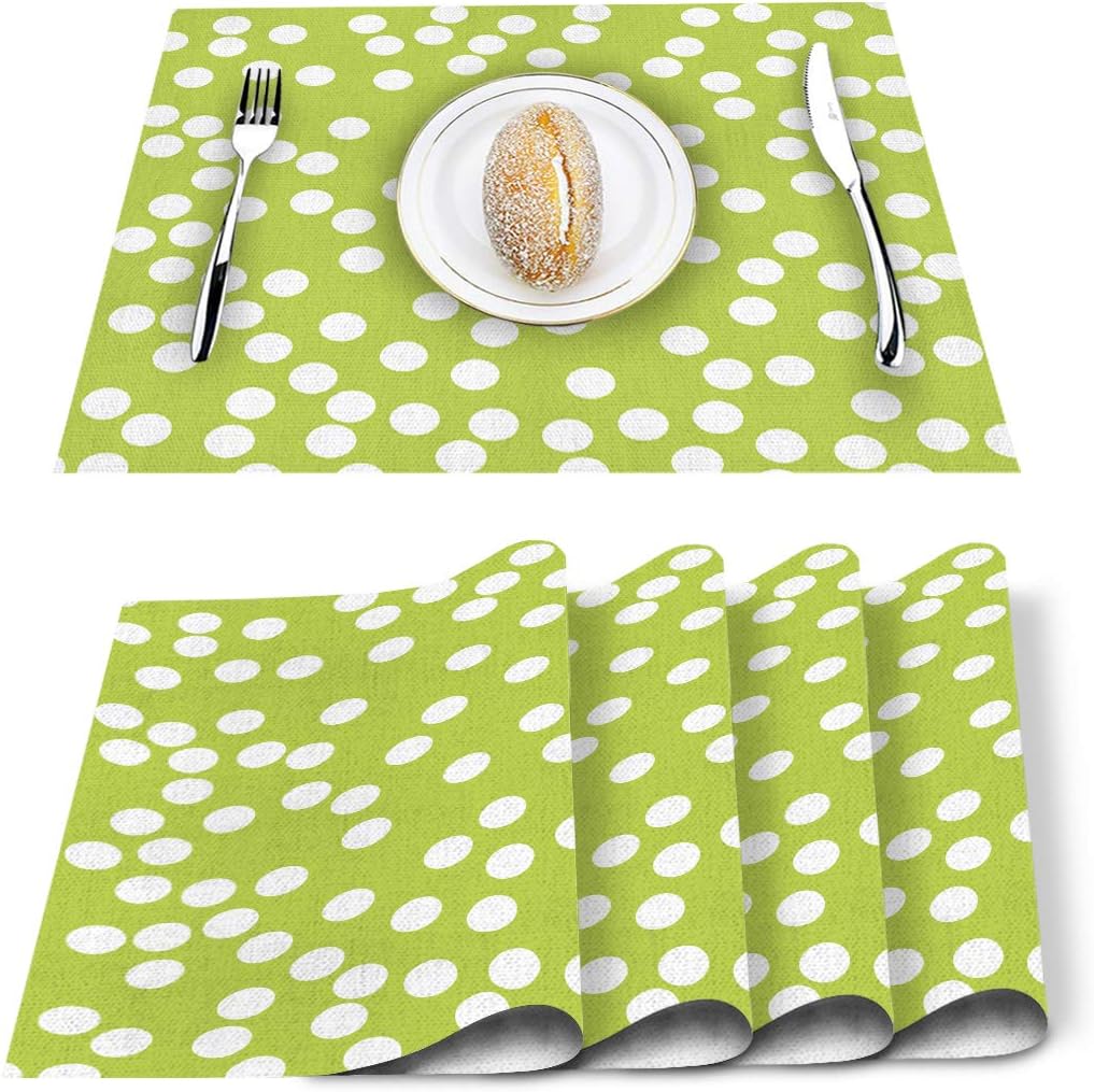 Vandarllin Placemats Set of 6, White Polka Dot Yellow Green Fresh Polyester Stain Resistant Table Mats Washable Placemat Decoration for Kitchen Dining Table