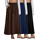 Velvelhall 3 Pack Women's Maxi Long Skirts, Ankle Length a Line Elastic High Waist Flowy Boho Casual Skirt with Pockets