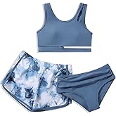 Bkixhv Girls 3 Piece Bathing Suit Kids Color Block High Waist Sport Tankini Swimsuit with Shorts Teen Girl Beach Swimwear