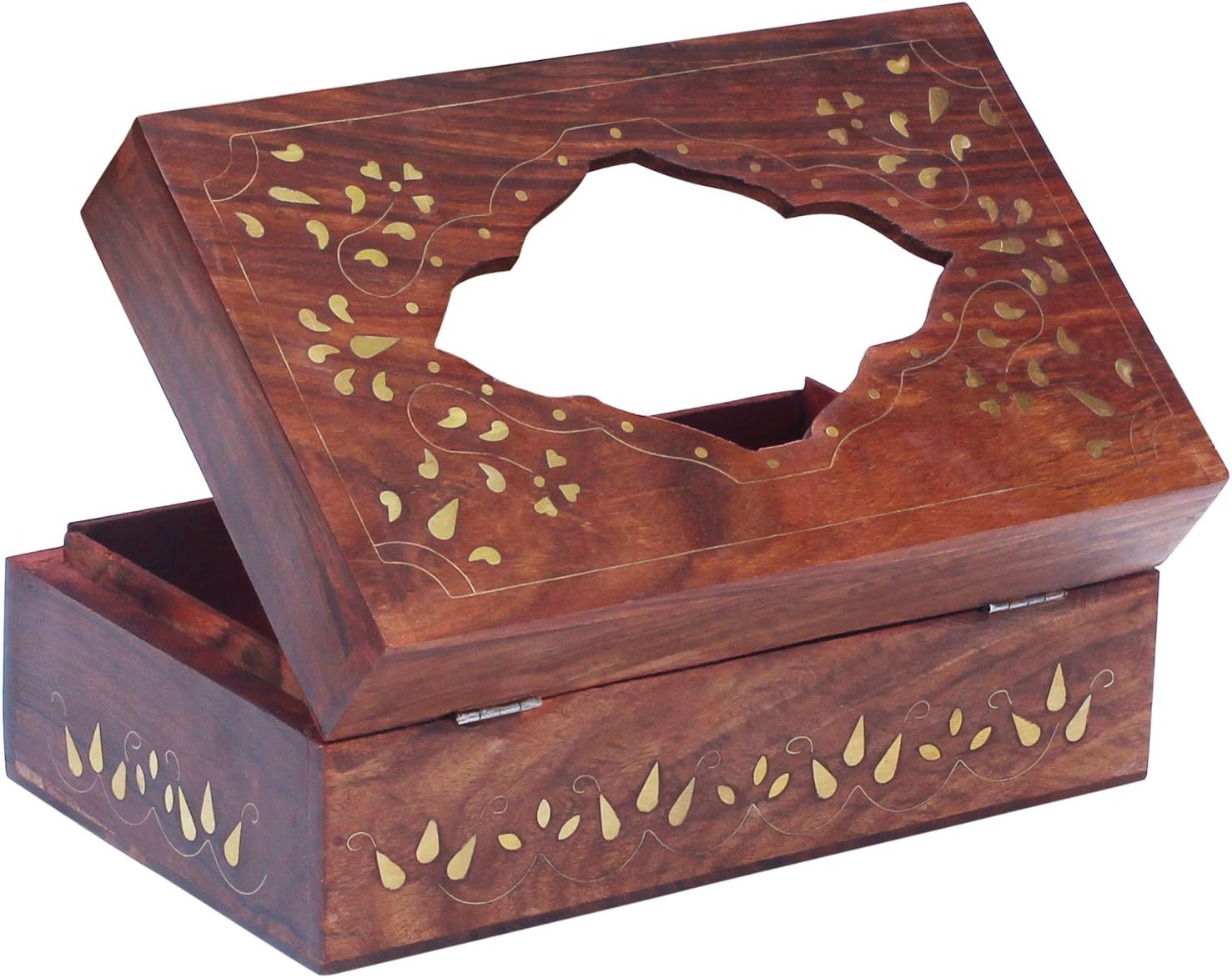 SouvNear Tissue Holder Box/Cover Handmade Rectangular Wooden Wood Facial Cube Tissue Box Cover in Rosewood Etched with Brass Work