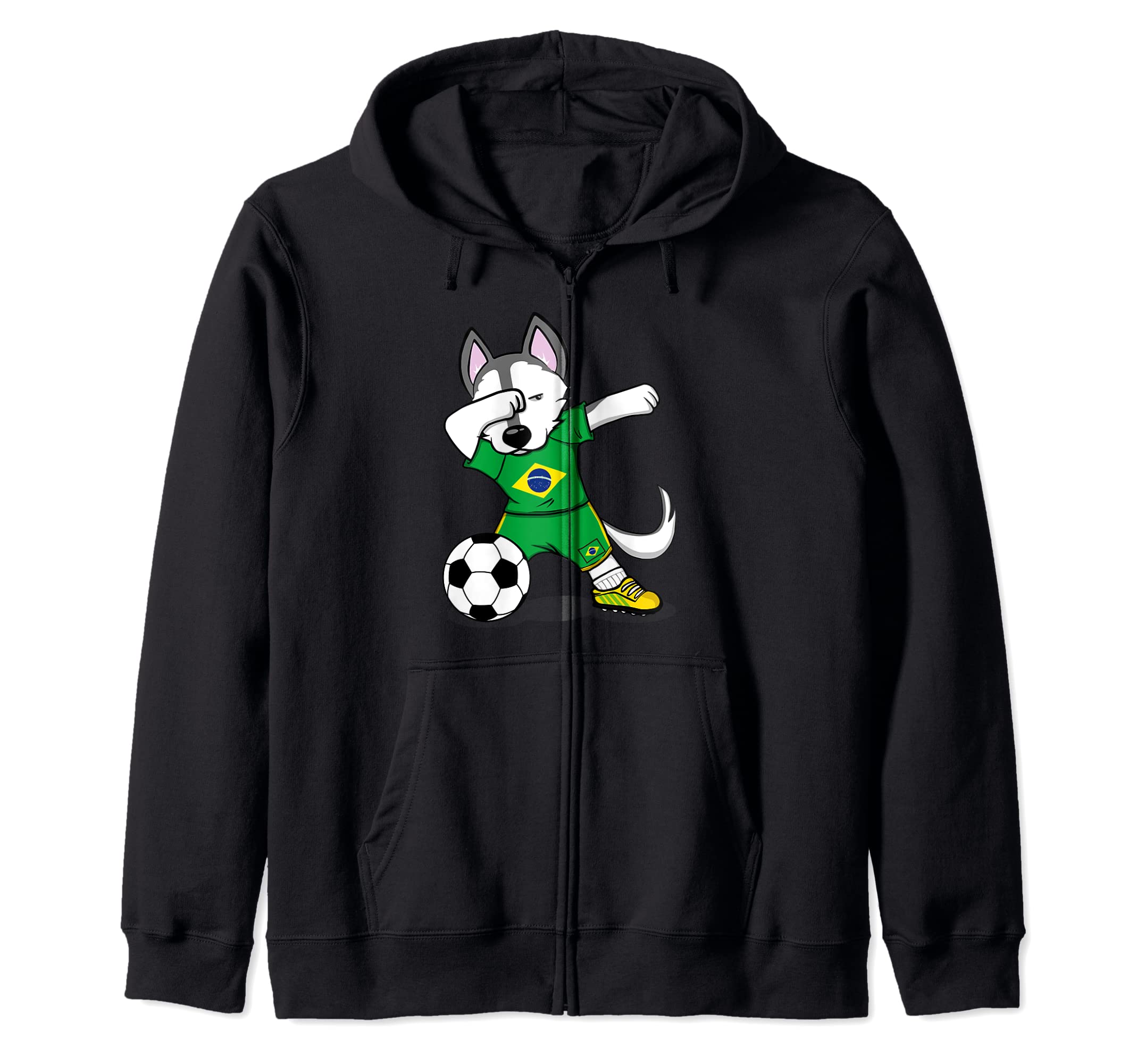 Dabbing Husky Brazil Football Fans Jersey Brazilian Soccer Zip Hoodie
