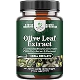 Potent Olive Leaf Extract Capsules - High Strength Antioxidant Supplement with Pure Olive Leaf with 20% Oleuropein - Herbal Heart Health Supplement - Vegan Non-GMO & Gluten Free - 60 Count