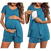 Ekouaer Women's Maternity Nursing Pajamas Set Breastfeeding Sleepwear Double Layer Short Sleeve Top & Shorts Nursing Pjs