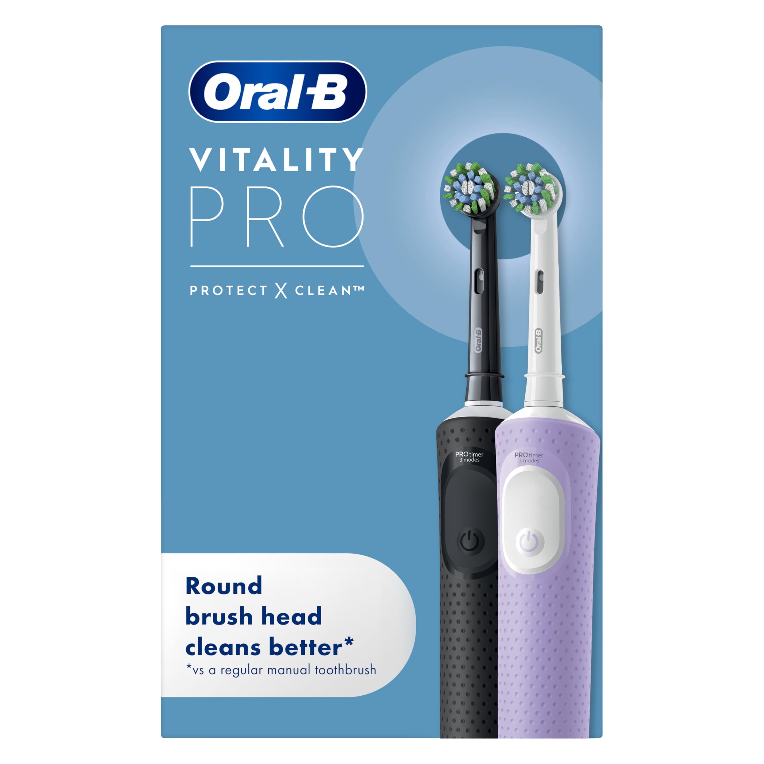Oral-B Vitality Pro 2x Electric Toothbrushes For Adults, 2 Toothbrush Heads, 3 Brushing Modes Including Sensitive Plus, 2 Pin UK Plug, Black & Purple