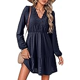 Dokotoo Spring Dresses for Women 2026 Elegant Lace Hollow Out Embroidered V Neck Long Sleeve Casual A-Line Swing Mini Dress