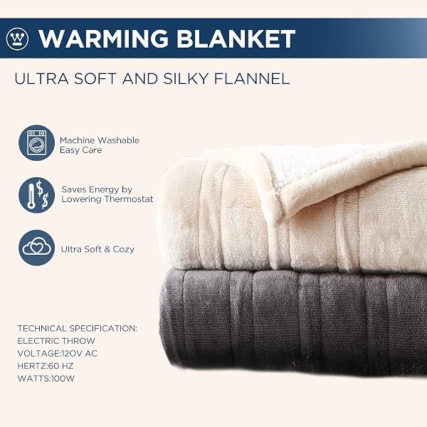 WESTINGHOUSE ELECTRIC BLANKET FULL, HEATED BLANKET FULL SIZE WITH 10 HEATING LEVELS AND 1 TO 12 HOURS HEATING TIME SETTINGS, FLANNEL TO SHERPA REVERSIBLE, MACHINE WASHABLE (80″ X 84″, CHARCOAL)