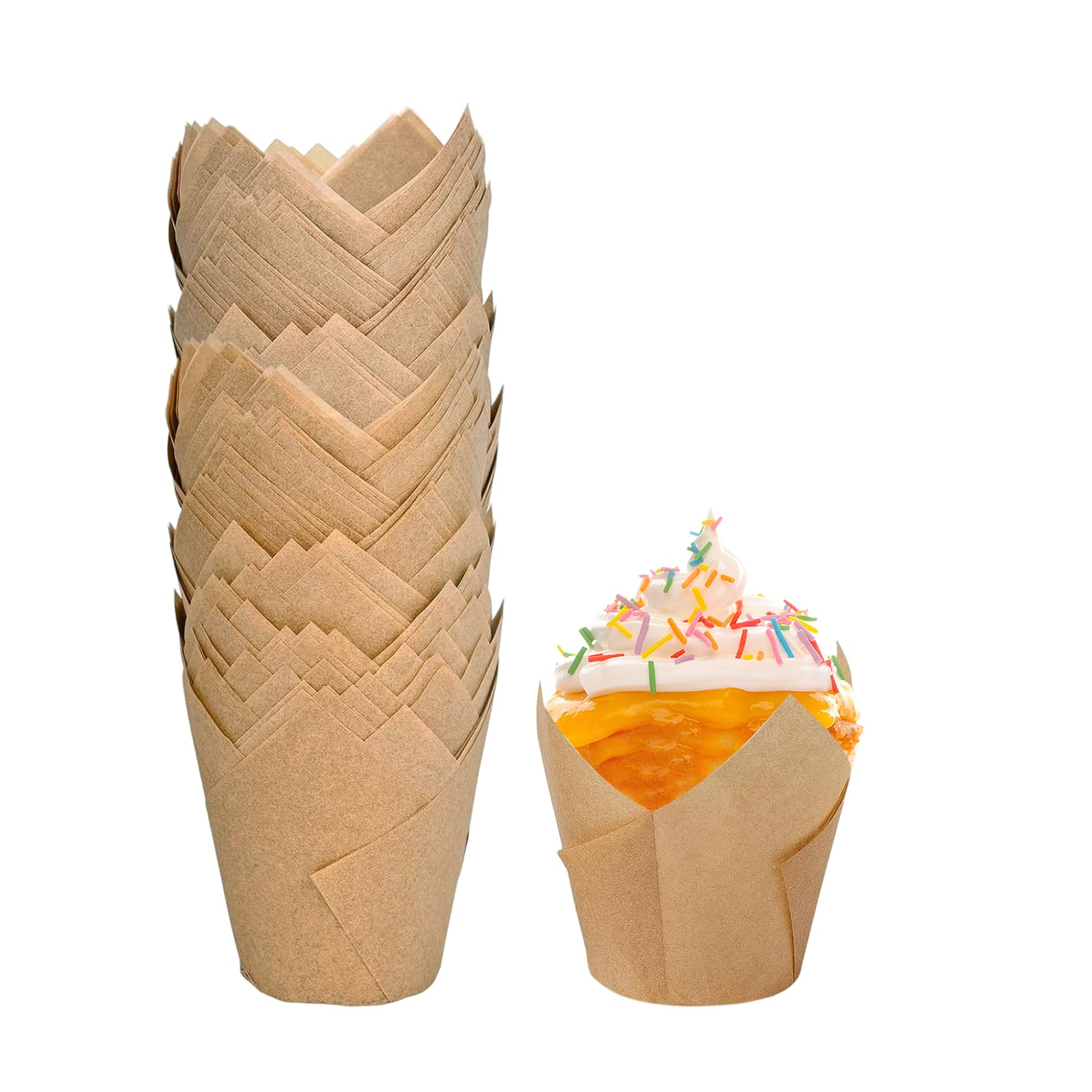View 1 of 100pcs Tulip Cupcake Liners - Greaseproof Cupcake Wrappers in Standard Size, Food-grade Paper Muffin Liners Holders for Baking. Ideal for Parties, Events, and Catering.