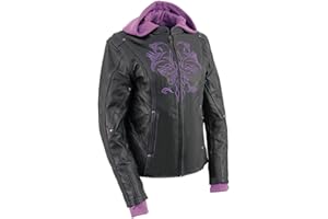 Milwaukee Leather ML2067 Women's 3/4 Black and Purple Leather Hoodie Jacket with Reflective Tribal Design - Large