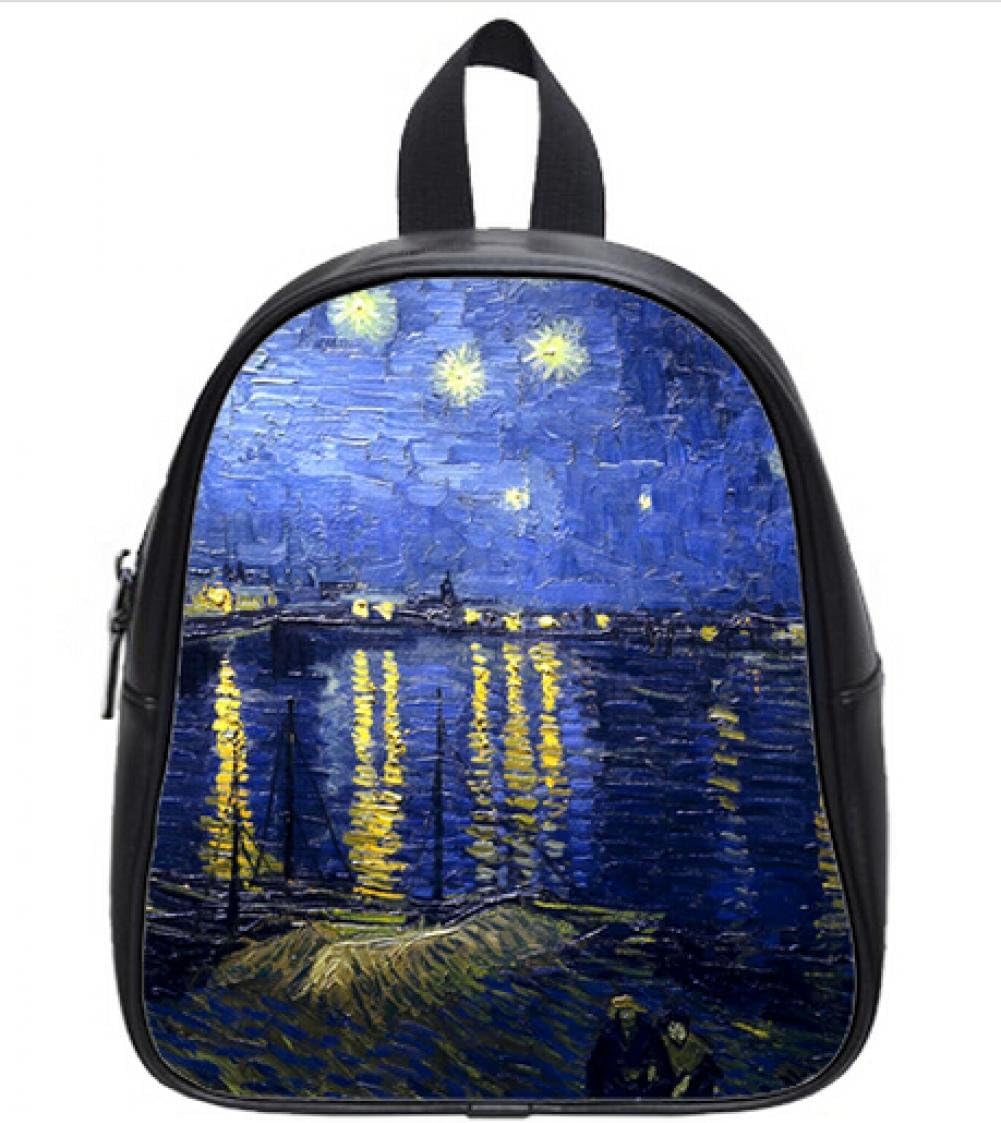 Unisex Good Quality Leather Teenager School Bag Van Gogh Painting Night Lake Printed Casual Travel Backpacks