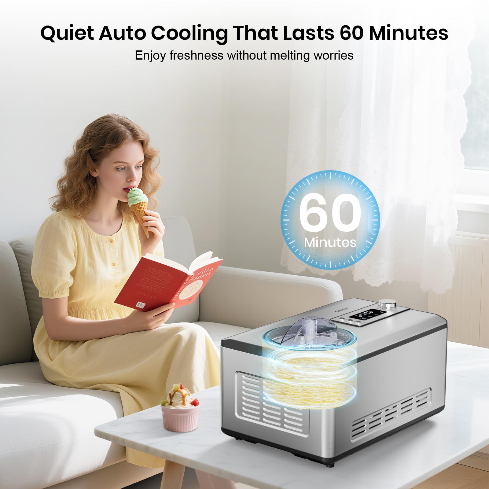 Máquina para hacer helados Gasbye con compresor mejorado, [congelación 40% más rápida], no necesita precongelación, pantalla LED, capacidad de 2.1 cuartos, fácil operación para helados y yogures, acero inoxidable