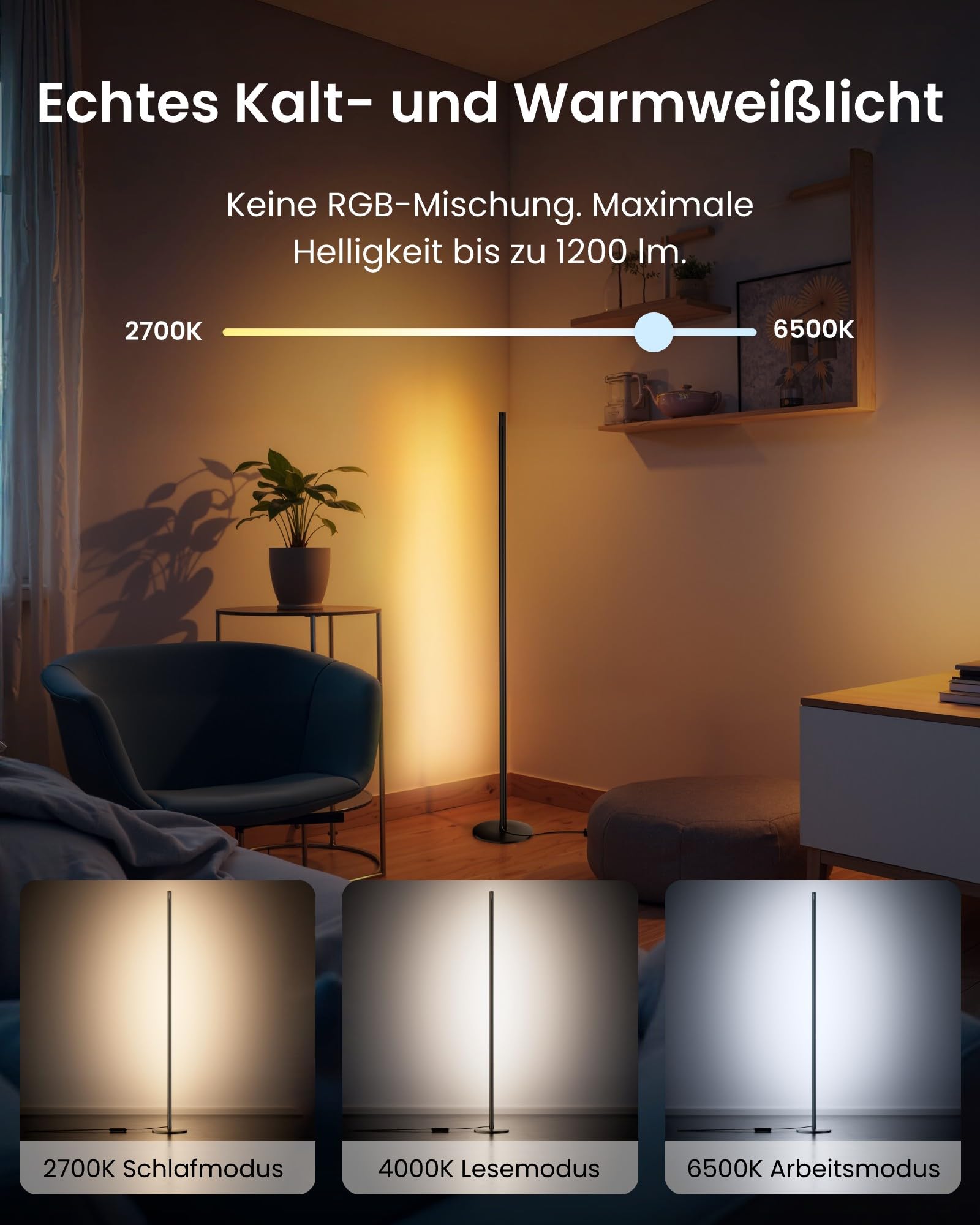 SwitchBot Matter RGBICWW Stehlampe Wohnzimmer, Warm- & Kaltweiß, Floor Lamp Dimmbar mit Apple Home, Alexa, Google Home, APP-Steuerung, Musikmodi, Szenenmodi, LED Stehlampe Schwarz für Schlafzimmer 4
