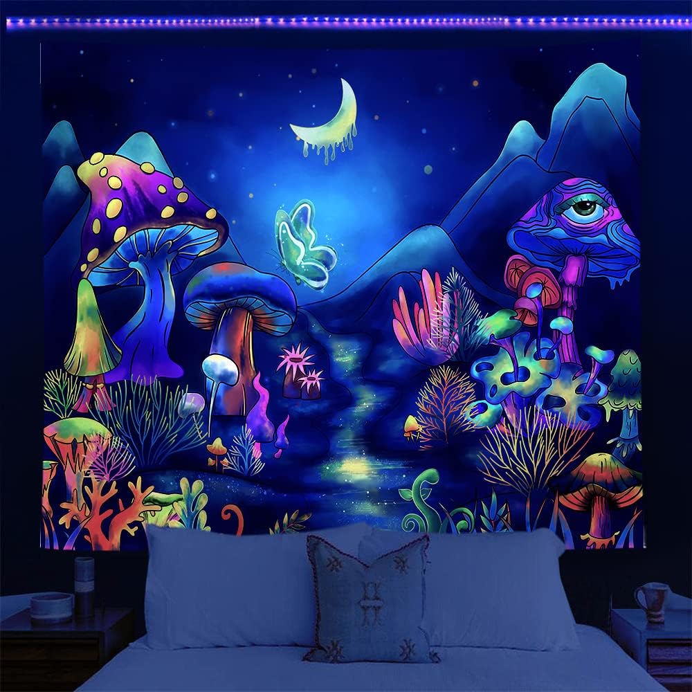 Tapestries - Wonrizon Blacklight Mushroom Tapestry, Butterfly Forest Tapestries UV Reactive Moon Starry Wall Hanging Glow in the Dark Backdrop decor for Bedroom Living Room (Butterfly Mushroom, 51.2”x 59.1”)