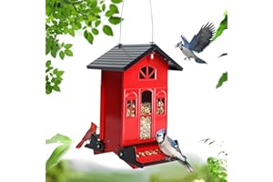 Birdkiss Bird Feeder Squirrel-Proof Outside: Country House Series for Hanging - Metal - 5LBs Seed - Weight-Activated for Outdoors - Large Capacity and Red