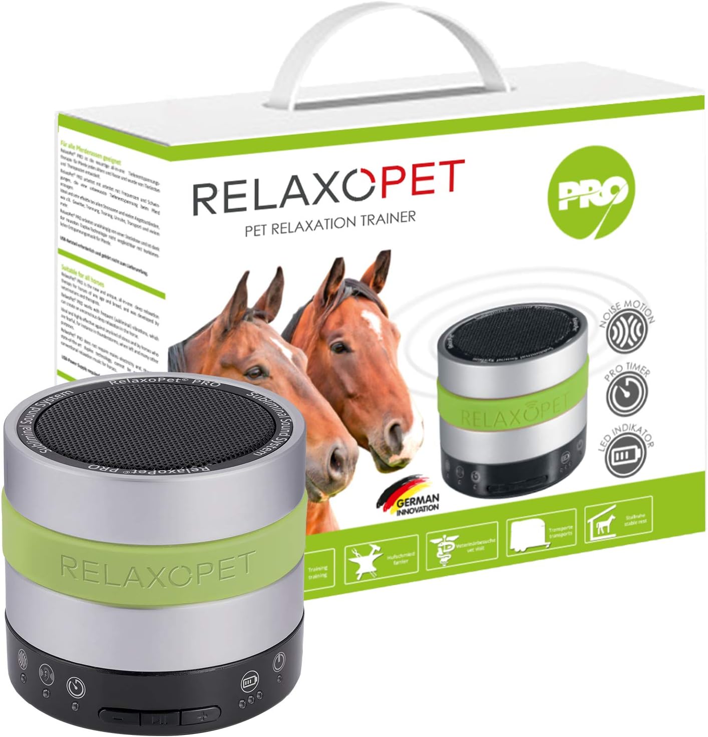 RelaxoPet PRO, Subliminal Sound Relaxation Trainer for Horses, Calming of Stress, Anxiety Relief, Farrier, Vet, Stable Rest, Calming for Competition, Wireless, Calming Aid, No Side Effects.