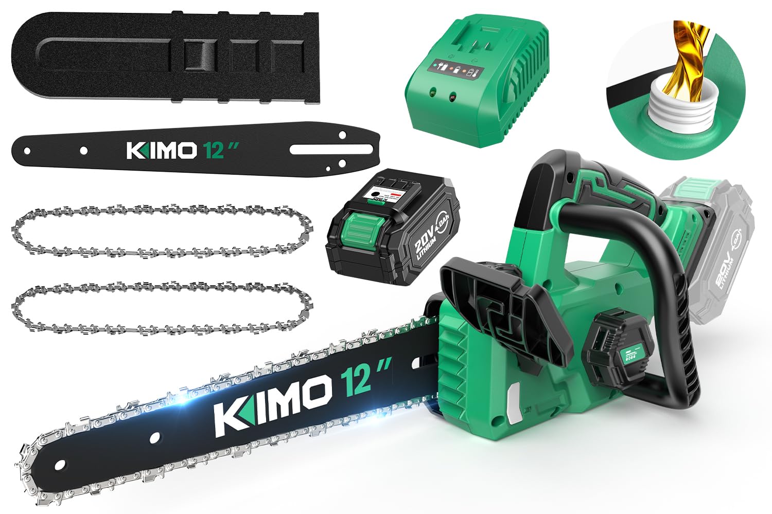 KIMO Brushless Electric Chainsaw 12 Inch Cordless with 4.0Ah Battery & Fast Charger, 54.5 FT/S Powerful Cutting, Security Lock，Auto Oiler Battery Powered Chainsaw for Wood Cutting & Tree Trimming