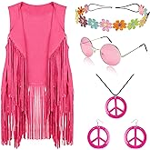 FunMular 60s 70s Outfits for Women Disco Hippie Costume Clothes Woman Peace Sign Earring Headband Fringe Vest Tassel Cardigan