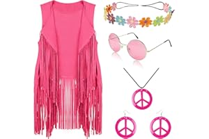 FunMular 60s 70s Outfits for Women Disco Hippie Costume Clothes Woman Peace Sign Earring Headband Fringe Vest Tassel Cardigan