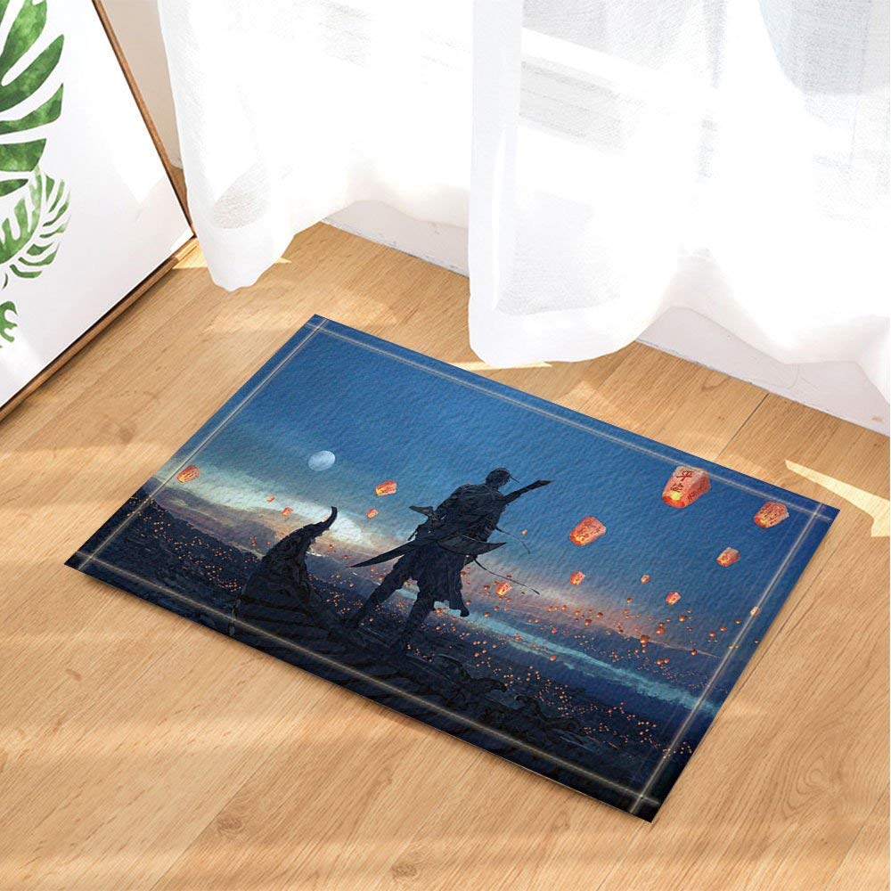 Anime Bathroom Rug,Cool Japanese Ninja Hidden Warrior Sky Lantern,Indoor Non-Slip Door Mat,Children's Bathroom Carpet,23.631.5 in,Bathroom Accessories