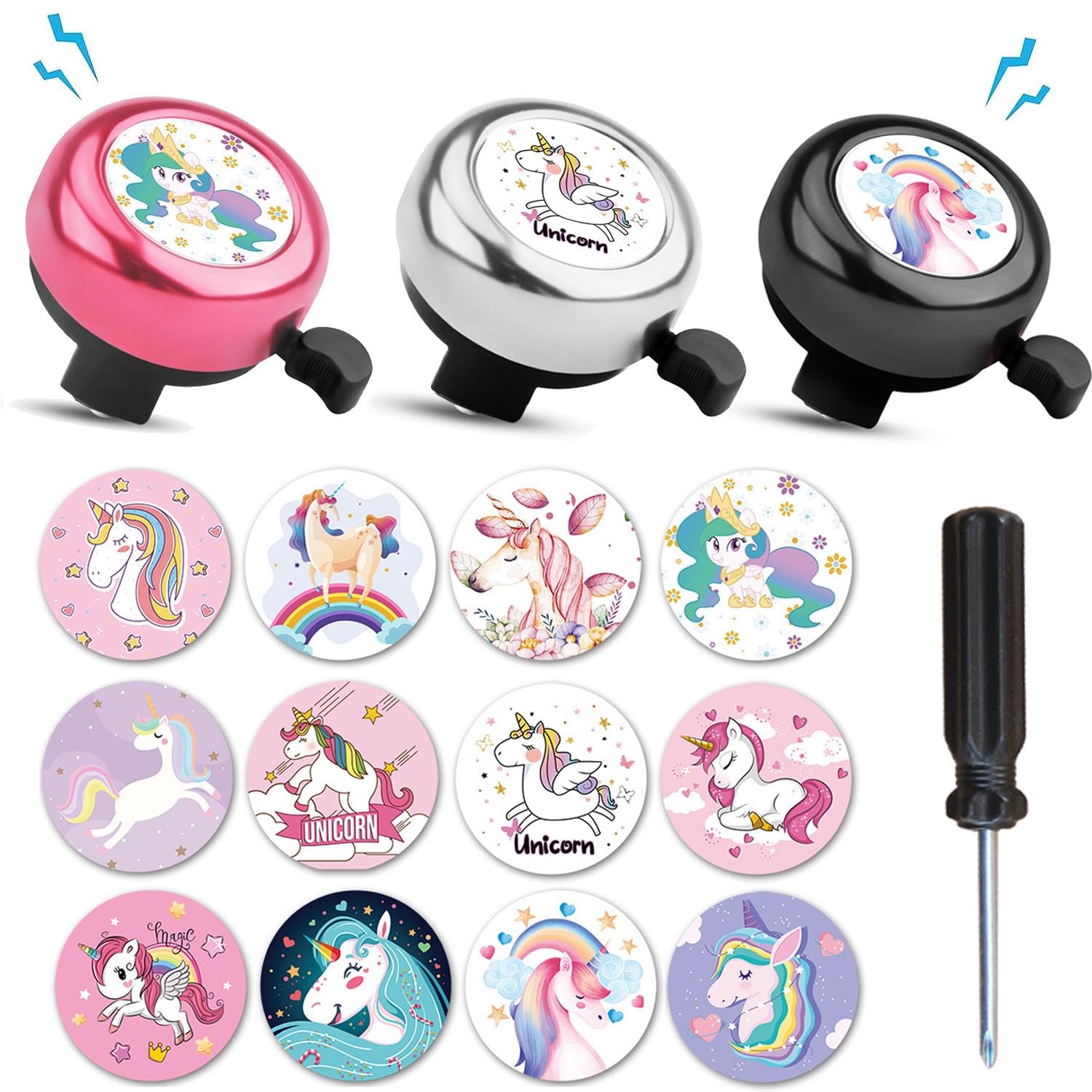 Mellystore Unicorn Children's Bicycle Bell Set - 3 Bells (White, Black, Pink) with 12 Stickers - Aluminium Alloy & ABS Material - Handlebar Mount - 54 mm Size