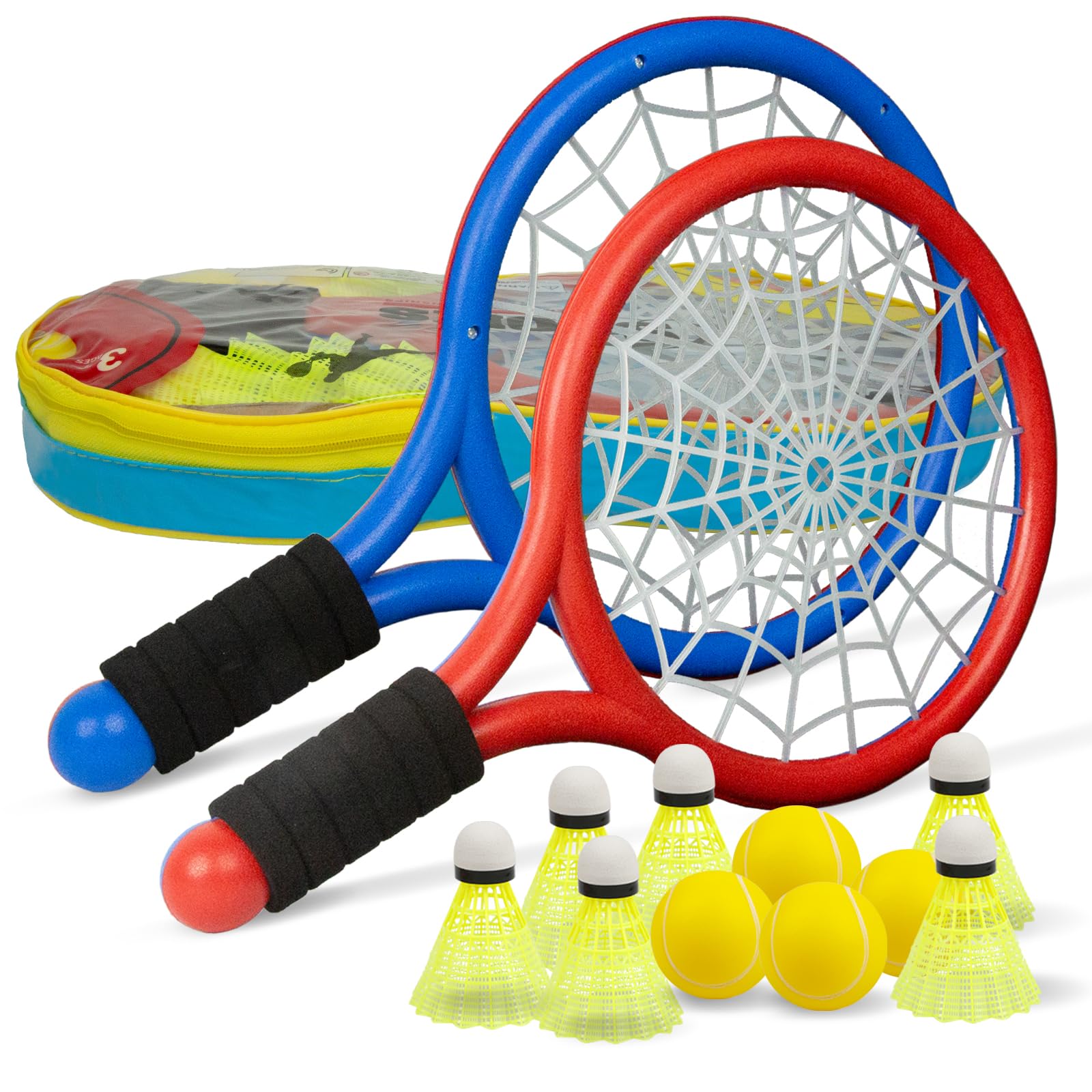 Kid Tennis Racket Set,Sponge Handle, Includes 4 Balls and 6 Shuttlecocks - Increase Children's Sports,Improve Tennis Skills (Blue and Red)