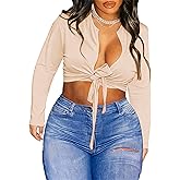 LovelyWholesale Long Sleeve Crop Tops for Women Sexy Tie Front Top Deep V Neck T Shirts Clubwear