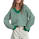 Women's Sweater Pullover Tops Knit V Neck Striped Checkered Winter Spring Long Sleeve Casual Fashion 2026 Lightweight Clothes