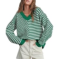 UNCLECAT Women's Striped Checkered Sweater 2025 V Neck Fall