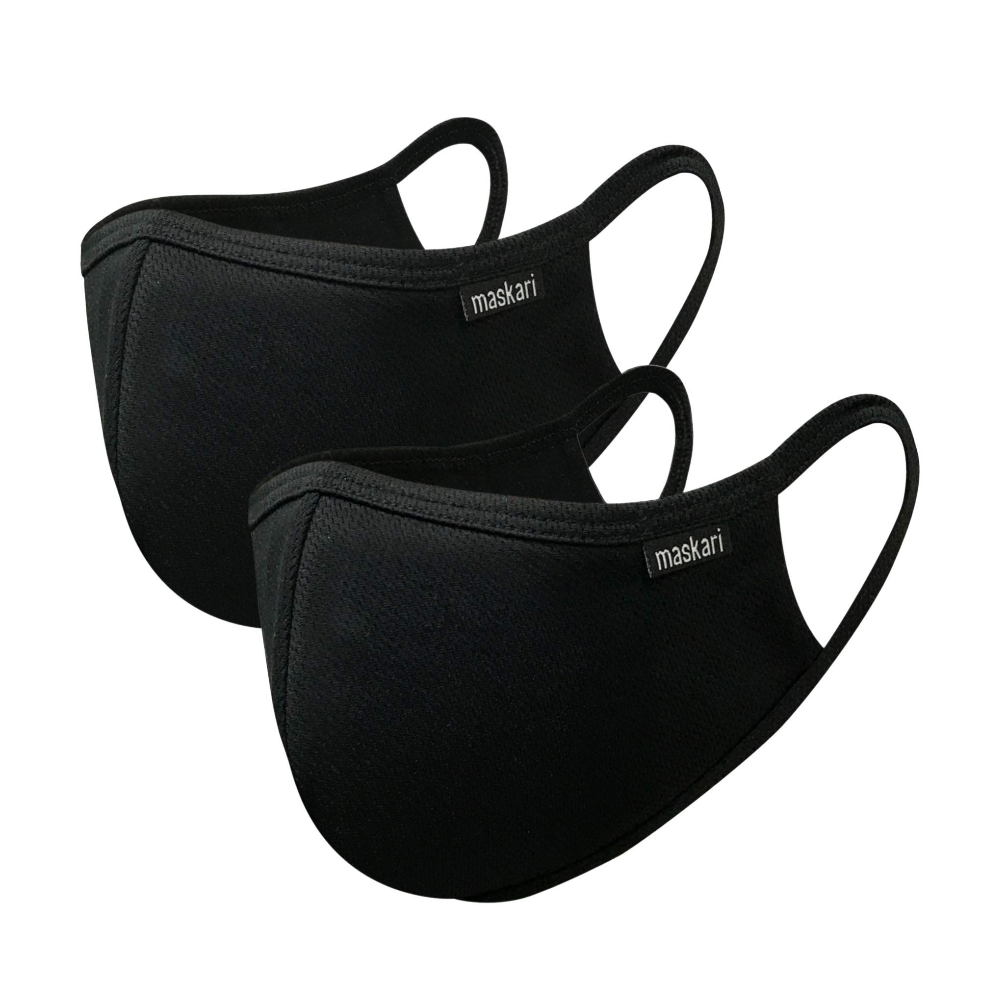 Maskari Black Reusable Face Mask | Washable UK | 3 Layer Mens | HeiQ Viroblock | Breathable | Sporty | Advanced 2 Pack, Large