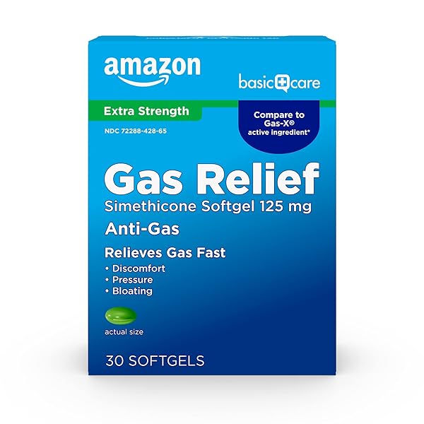 AMAZON BASIC CARE GAS RELIEF SOFTGELS, SIMETHICONE 125 MG, EXTRA STRENGTH ANTIGAS, 30 COUNT