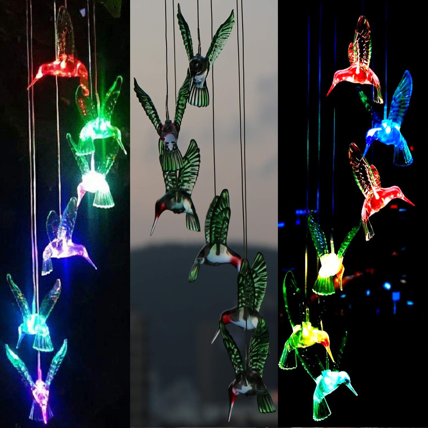 BeHiller Hummingbird Solar Lights Chimes Changing Color Bird Solar Hanging Lights Six LED Hummingbird Lights Mobile Wind Chimes Outdoor hummingbird lights for Garden Gifts Decoration (Six Hummingbird) : Garden & Outdoor