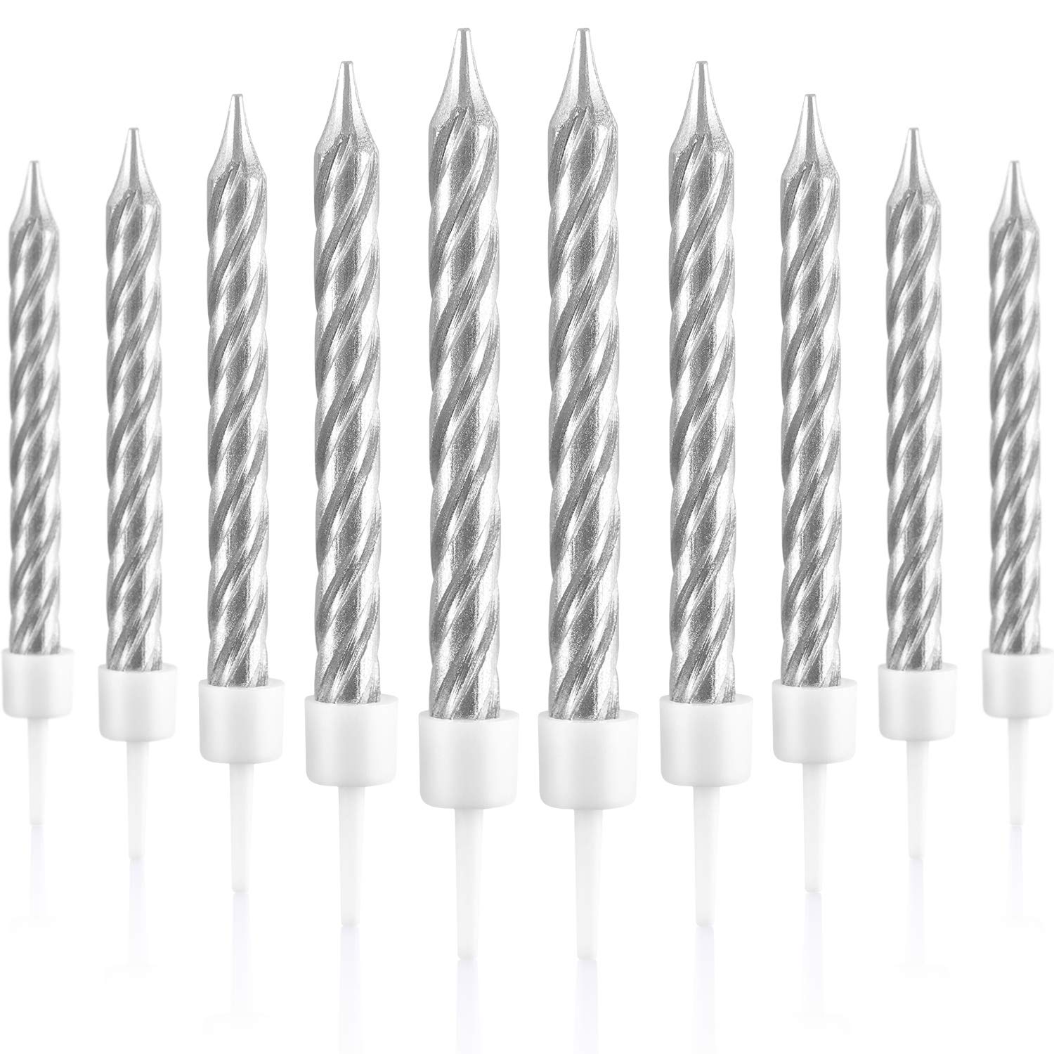 Blulu 50 Pieces Spiral Birthday Candles Metallic Cake Cupcake Candles for Birthday Wedding Party Decorations(Silvery)
