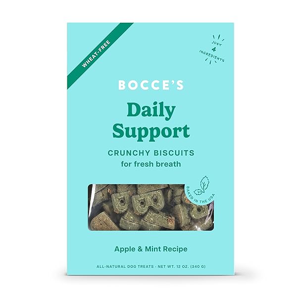 BOCCE’S BAKERY BREATH DAILY SUPPORT TREATS FOR DOGS, WHEAT-FREE DOG TREATS, MADE WITH REAL INGREDIENTS, BAKED IN THE USA, SUPPORTS ORAL HEALTH, ALL-NATURAL APPLE & MINT BISCUITS, 12 OZ