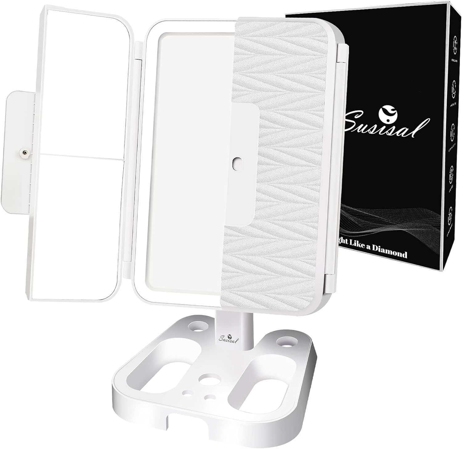 Makeup Mirror Vanity Mirror with Lights, Susisal 3 Color Lighting Trifold Adjustable Mirror with 72LEDs, 1X 2X 3X 10X Magnification, Dual Power Supply, Portable Lighted Up Mirror -