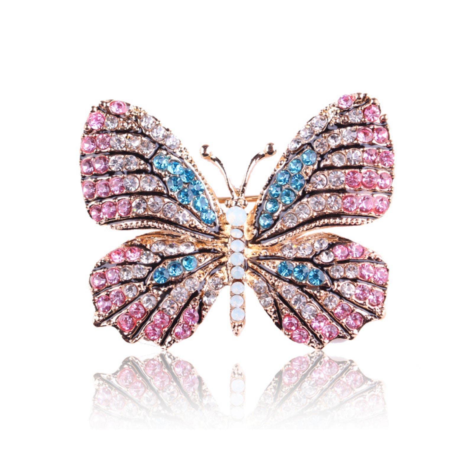 Sttiafay Colorful Rhinestone Butterfly Brooch Crystal Wedding Bridal Bouquet Brooch Pin Accessory Enamel Pin Gift for Her, Blue-Pink