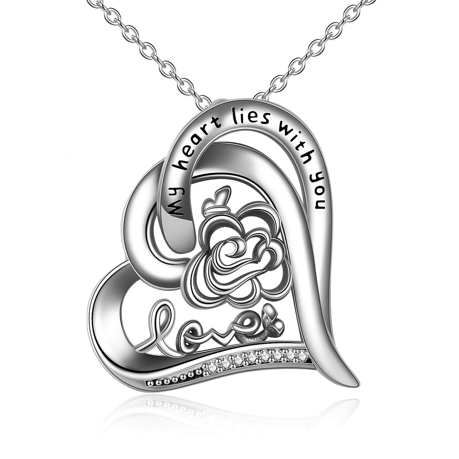 VENACOLY Heart Necklace Sterling Silver Pendant Necklace Rose Flower Love Mother's Day Jewellery Birthday for Women