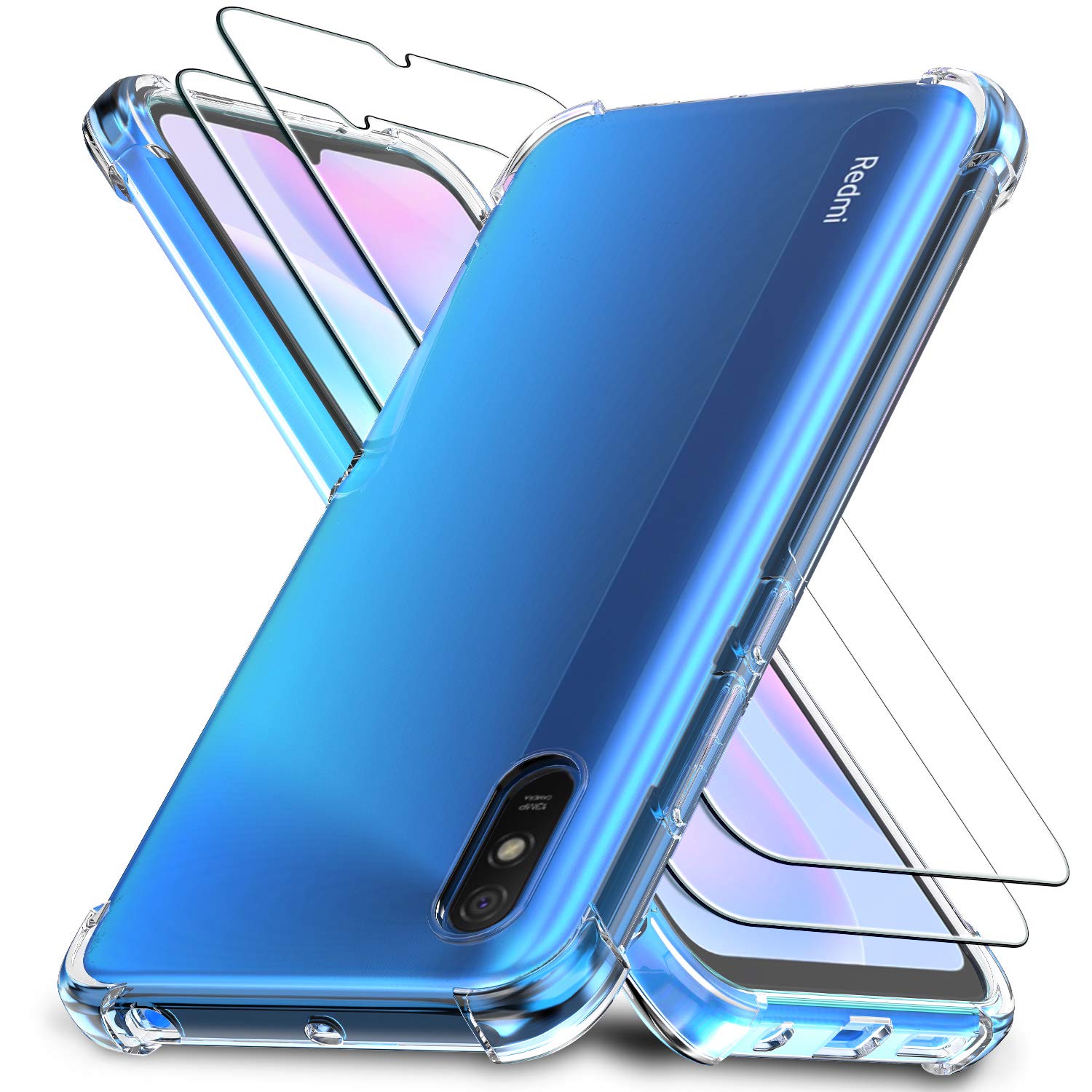 Ferilinso Cases for Xiaomi Redmi 9A with 2 Pack Screen Protector, Clear TPU Case, Tempered Glass Film, for Xiaomi Redmi 9A Cover