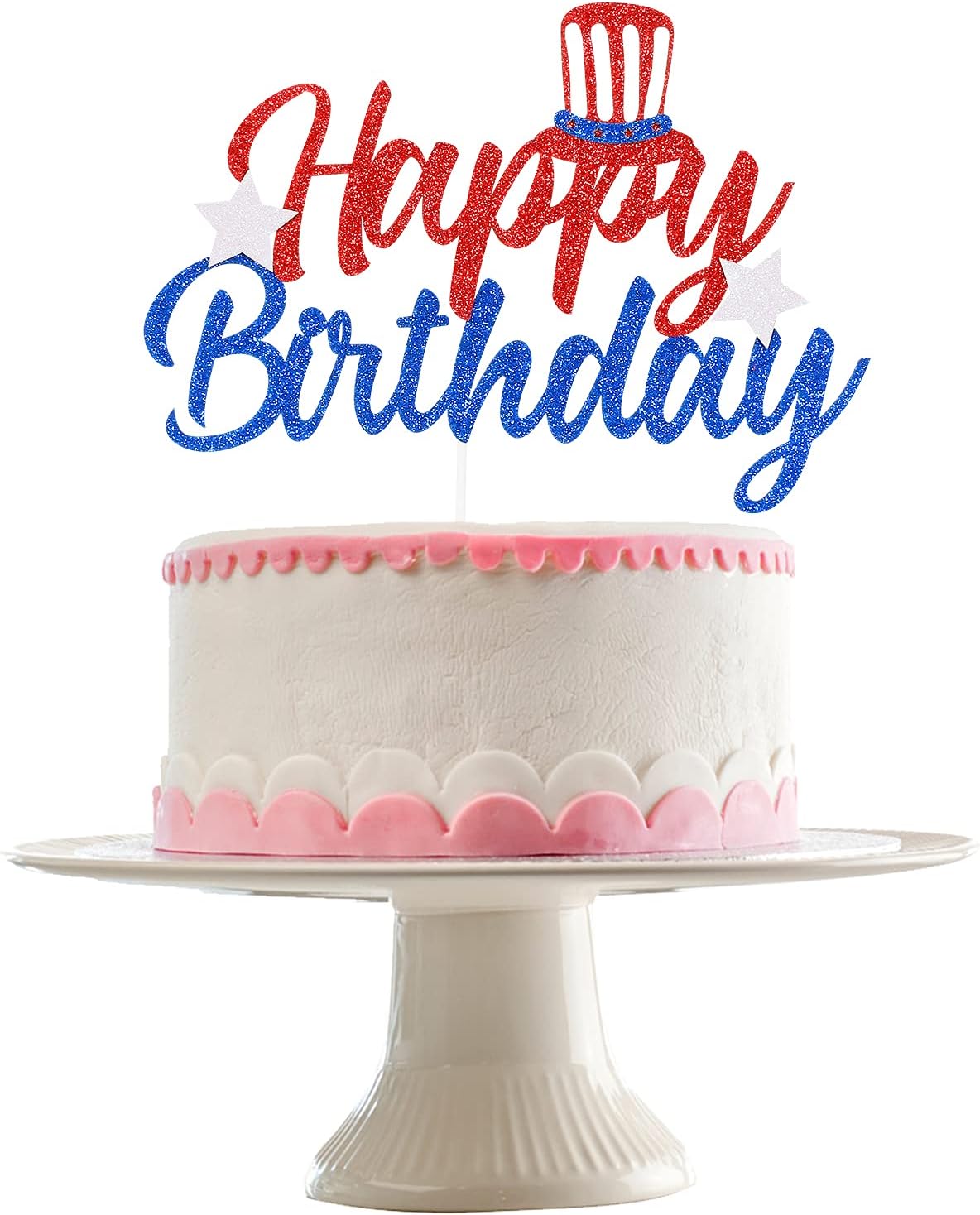 Happy Birthday Cake Topper Red & White & Blue Glitter- 4th/Fourth of July Patriotic Birthday Decorations,4th of July Birthday Topper, Red White and Blue Birthday Cake Decor