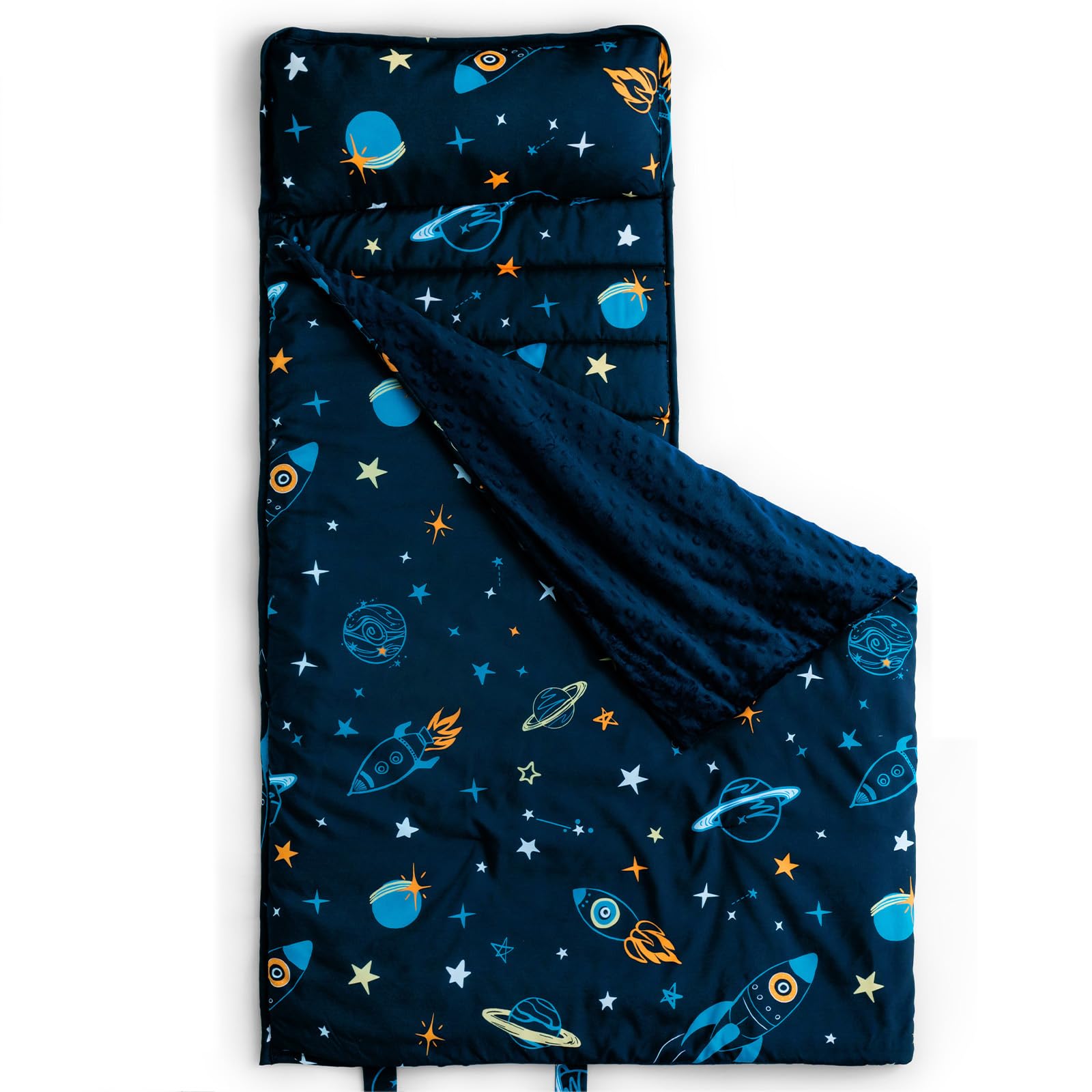 Photo 1 of david's kids Minky Toddler Nap Mat with Removable Pillow and Minky Fleece Blanket, Soft Slumber Bags for Boys, Perfect for Preschool, Daycare, Kids Sleeping Bags with Rollup Design, 50"x20", Space