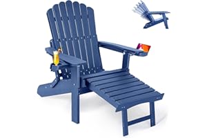 ZHUSI Folding Adjustable Adirondack Chair with Retractable Ottoman, Adirondack Chair with 2 Cup Holders, Outdoor Chairs for Porch Patio Lawn Balcony Weather Resistant (Navy Blue, 1 pcs)