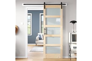 ROYMELO 28x84 inch Glass Sliding Barn Door Slab with 5ft Hardware Kit Included, 5-Panel Frosted Glass, Spruce Wood Support DIY Dyeing, Easy Assembly