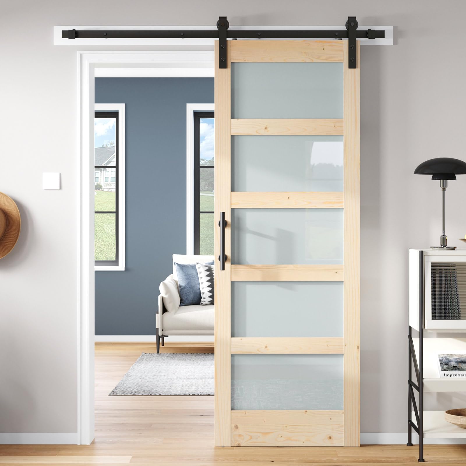 Photo 1 of ROYMELO 32x84 inch Glass Sliding Barn Door Slab with 5.5ft Hardware Kit Included, 5-Panel Frosted Glass, Spruce Wood Support DIY Dyeing, Easy Assembly