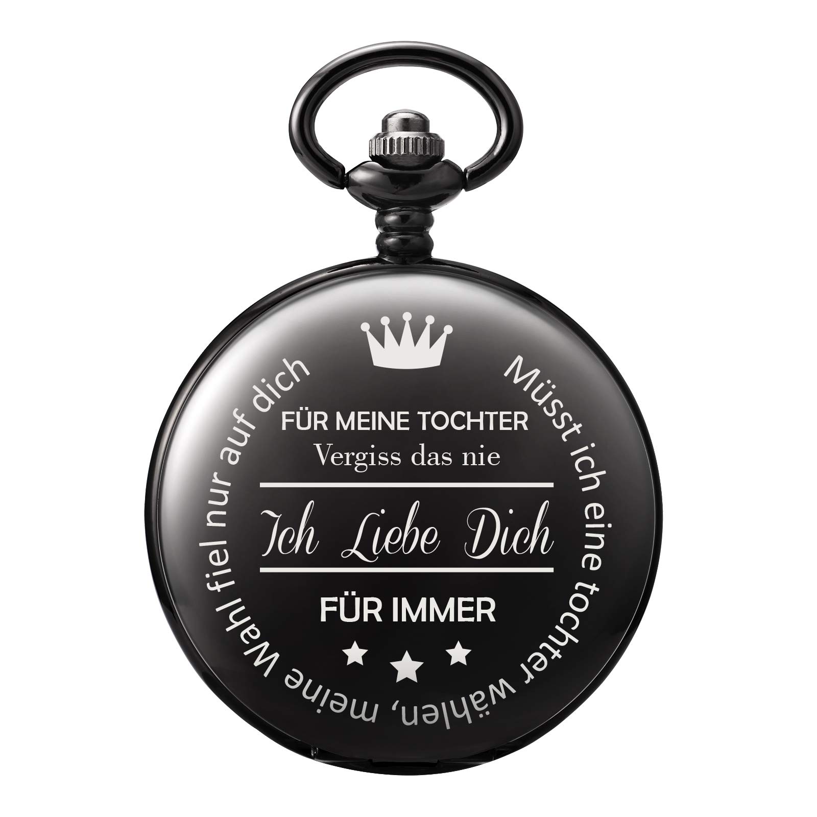 TREEWETO Women's Pocket Watch with Engraving Chain Black Gift for Birthday Daughter