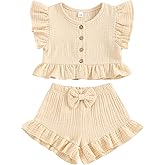 BemeyourBBs Summer Toddler Girl Clothes Baby Girl Ruffle Sleeveless Shirt with Buttons Bow Bloomers Shorts Set Cute Outfits