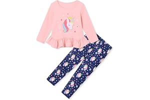 CARETOO Toddler Girl Clothes Girl 2pcs Fall Winter Outfit Ruffle Hem Top and Full-print Patterned Pants 2-7 Years