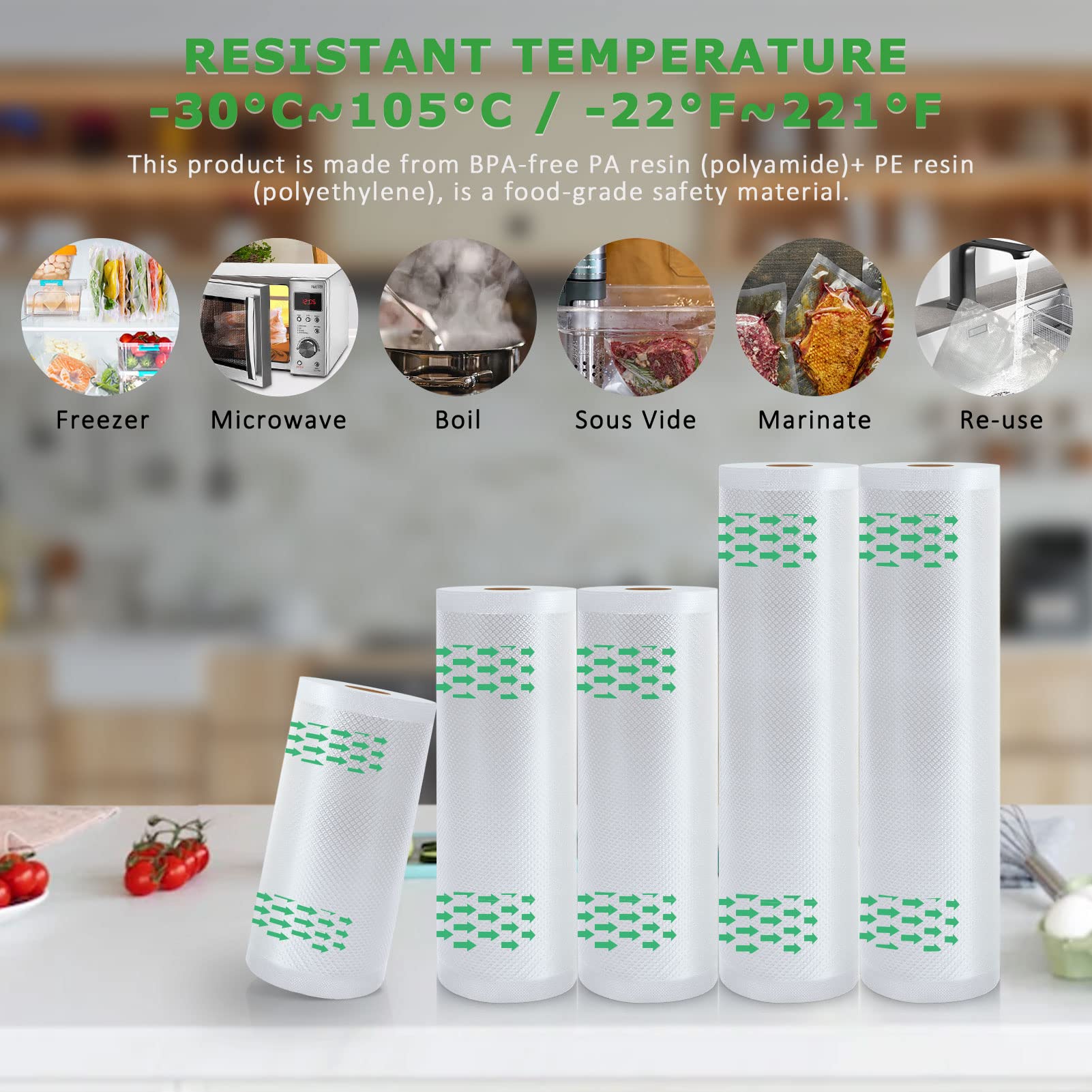 Anysea Vakuumierbeutel Vakuumierfolie Vakuumbeutel Lebensmittel Vakumierfolienrollen: Sous Vide Beutel Folienrollen für Folienschweißgerät Vakuumierer, BPA frei 15x1/20x2/28x3/300cm 6 Rollen Folien 2